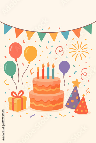  Balon, kue, dan bendera pesta warna-warni
