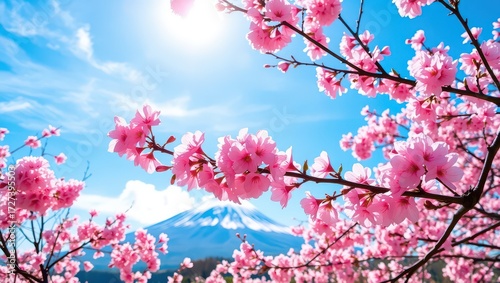 Cherry blossoms framing mount fuji under a bright blue sky on a sunny day