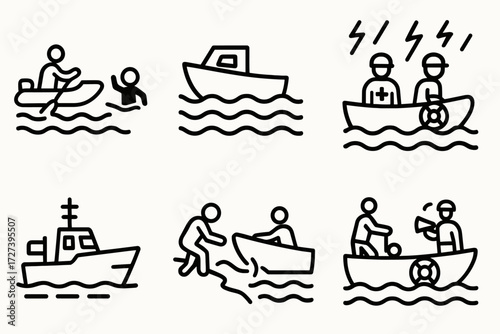 Rescue Boat Operations. Situations icons in outline style: rescue boat approaching victim, boat in flood waters, lifeguard in boat, rescue team in
