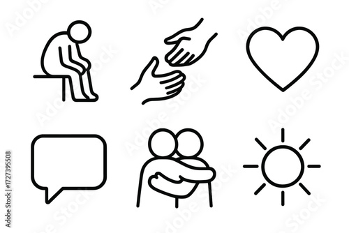 Support Icon Set. Support symbols icons in outline style: sad slump, helping hand, heart, chat bubble, hug figures, sunshine