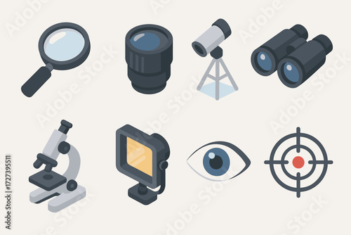 Isometric Vision Icons. Objects set icons in modern isometric flat : magnifying glass, camera lens, telescope, binoculars, microscope, spotlight, eye,