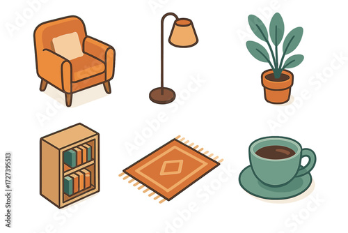 Cozy Nook Icons. Cozy nook set icons in modern isometric flat : armchair, floor lamp, potted plant, bookshelf, rug, tea cup