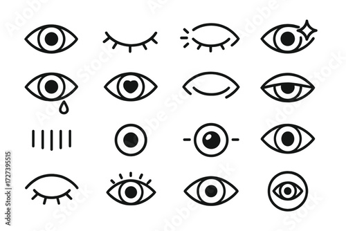 Eye Wellness Icons. Eye wellness icons in outline style: open eye, closed eye, blinking eye, eye with sparkle, tear drop, eye with heart, relaxed eye