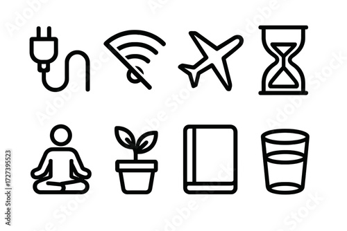 Digital Rest Icons. Digital rest icons in outline style: unplugged cable, no wifi symbol, airplane mode, hourglass, meditation pose, plant pot,
