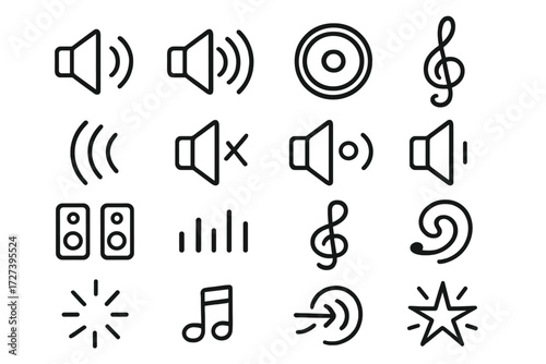 Sound Icon Collection. Sound effects icons in outline style: speaker wave, loud sound wave, bass icon, treble icon, vibration lines, mute symbol,