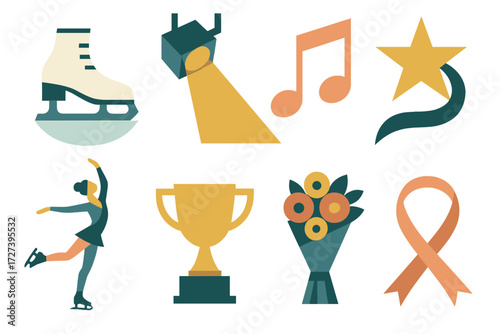 Figure Skating Icons. Figure skating set of icons in abstract flat : ice skates, spotlight, music note, star, ribbon, elegant pose, trophy, bouquet.