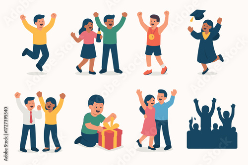 Joyful Celebrations. Situations set icons in modern isometric flat : person jumping with joy, friends celebrating together, athlete winning medal,