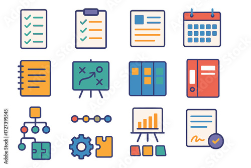 Colorful Planning Icons. Planning tools in modern flat vector : checklist, clipboard, document page, calendar, notebook, strategy board, task board,