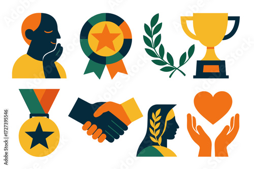 Balanced Success Icons. Balanced success set of icons in abstract flat : humble pride, star badge, trophy, medal, laurel wreath, handshake, open