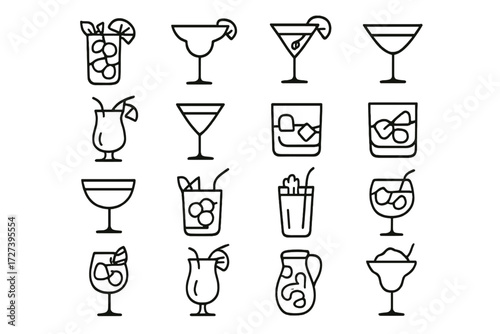 Cocktail Icon Series. Cocktail styles icons in outline style: mojito, margarita, martini, daiquiri, piña colada, cosmopolitan, old fashioned, negroni
