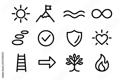 Symbolic Progress Icons. Symbolic progress bar icons in outline style: radiant sun, mountain peak with flag, harmony wave, infinity loop, path stones