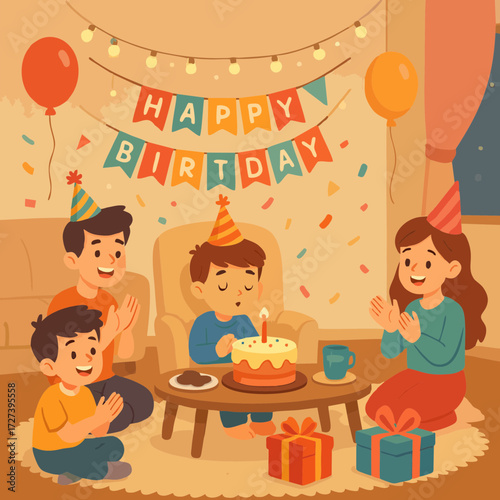 Family celebrating birthday party at home with cake and gifts.