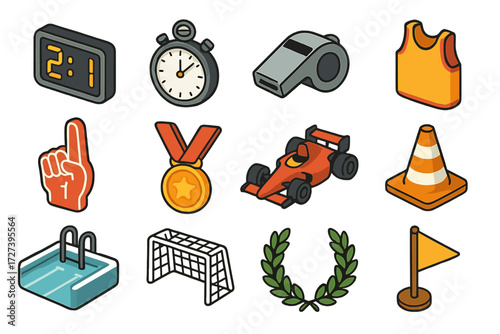 Isometric Sports Icons. Sports progress track set icons in modern isometric flat : scoreboard, stopwatch, whistle, jersey, foam finger, medal, racing