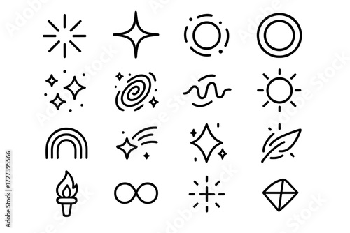 Creative Spark Icons. Creative sparks icons in outline style: spark burst, radiant star, glowing aura, neon ring, spark cluster, cosmic swirl, energy