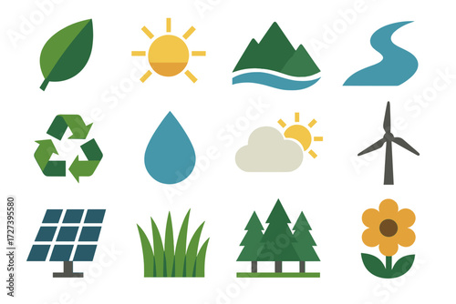 Eco-Friendly Icon Set. Environment rainwater tank set of icons in abstract flat : eco leaf, radiant sun, mountain peak, river, recycling arrows,