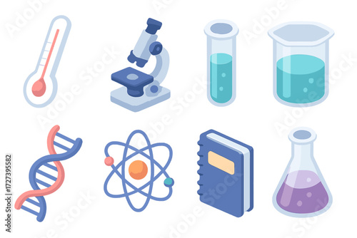 Isometric Science Icons. Science tools set icons in modern isometric flat : thermometer, microscope, test tube, beaker, DNA strand, atom, notebook,