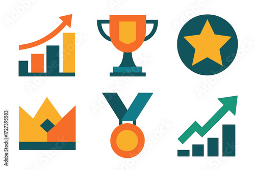 Success Icons. Success symbols set of icons in abstract flat : profit model, trophy, star badge, crown, medal, upward arrow