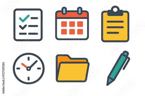 Vibrant Task Management Icons. Task management in modern flat vector : checklist box, calendar, clipboard, clock, folder, pen