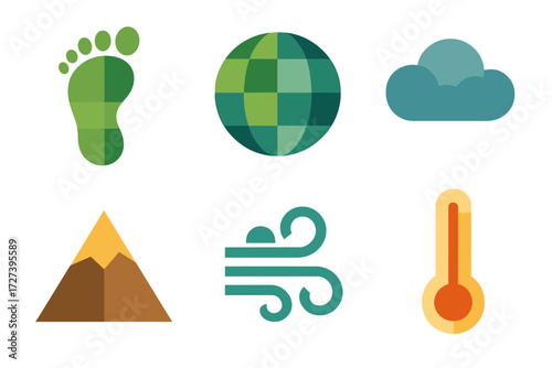 Climate Icons. Climate impact set of icons in abstract flat : eco footprint, globe, cloud, wind swirl, mountain, thermometer