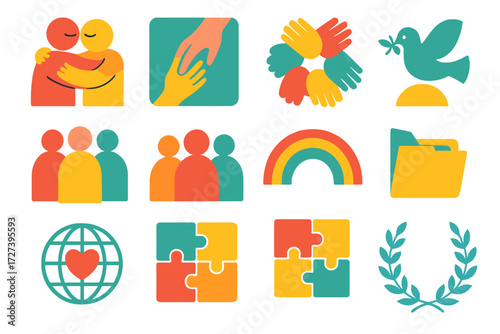 Unity and Connection Icons. Community quiet joy in modern flat vector : supportive hug, helping hand, diversity hands, group silhouettes, unity circle