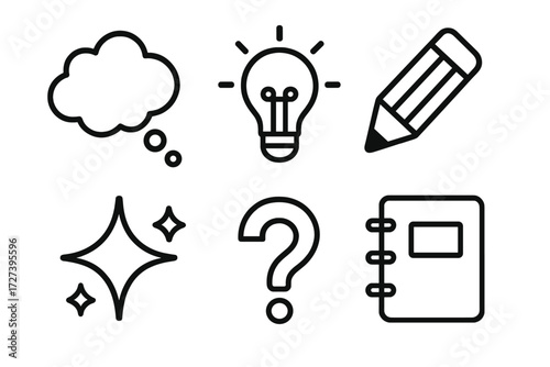 Creative Icons Set. Creative ideas icons in outline style: thought cloud, lightbulb, pencil, notebook, sparkle, question mark