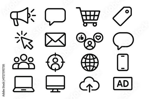 Digital Marketing Icons. Digital marketing icons in outline style: megaphone, speech bubble, shopping cart, price tag, click cursor, email envelope,