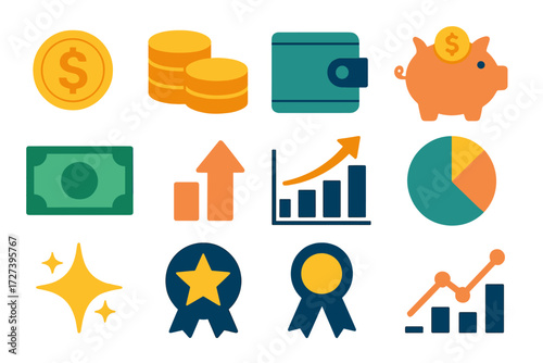 Profit Margin Icons. Basic profit margin set of icons in abstract flat : dollar coin, coin stack, wallet, piggy bank, banknote, upward arrow, bar