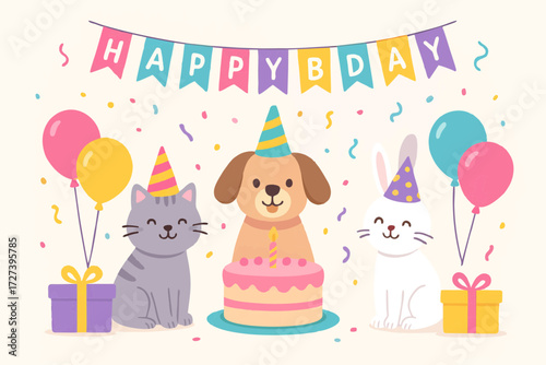  "Cute birthday party illustration with dog, cat, balloons, and cake."