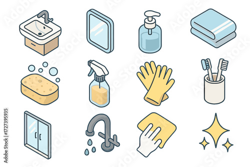 Bathroom Cleaning Essentials. Bathroom mirror wipe set icons in modern isometric flat : bathroom sink, vanity mirror, soap dispenser, towel, sponge