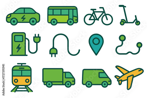 Eco Transport Icons. Transport eco choice in modern flat vector : electric car, bus, bicycle, scooter, train, truck, delivery van, airplane, charging