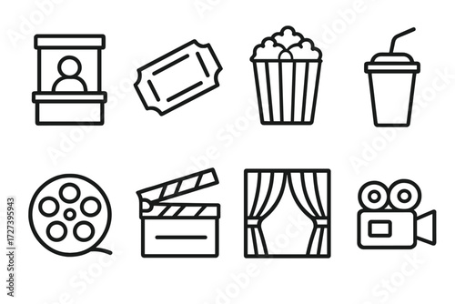 Cinema Icon Set. Cinema icons icons in outline style: box office booth, movie ticket, popcorn bucket, soda cup, film reel, clapperboard, curtain,