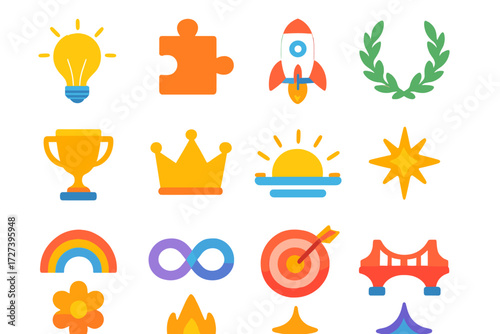 Vibrant Icon Fusion. Themes & ideas in modern flat vector : lightbulb idea, puzzle piece, rocket launch, laurel wreath, trophy, crown, sunrise horizon