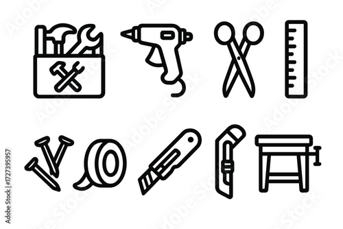 DIY Tools Icons. DIY essentials icons in outline style: tool set, glue gun, scissors, ruler, nails, tape, cutter knife, workbench.