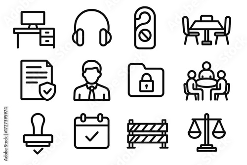Workplace Safety Icons. Workplace safe space icons in outline style: office desk, headphones, do not disturb sign, meeting table, policy document,
