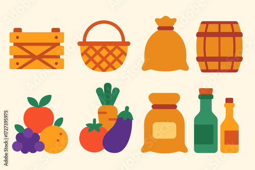 Vibrant Farm Goods. Objects in modern flat vector : wooden crate, basket, sack, barrel, fruit pile, vegetable bunch, grain bag, bottle set