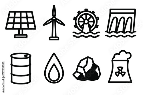 Energy Icons Collection. Energy context icons in outline style: solar panel, wind turbine, water wheel, hydro dam, oil barrel, gas flame, coal,