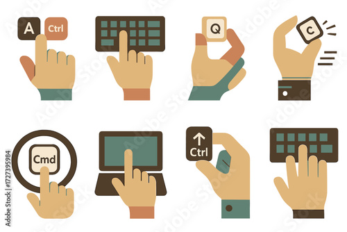 Hand Gesture Icons. Gestures set of icons in abstract flat : hand pressing key combo, hand pointing at keyboard, hand holding keycap, hand typing