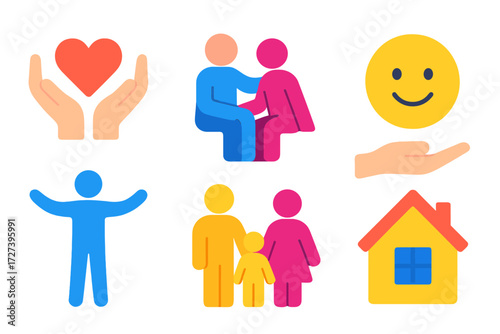 Caring Icons Collection. Care and compassion in modern flat vector : helping hands, supportive figure, heart in hands, smiling face, guiding hand,