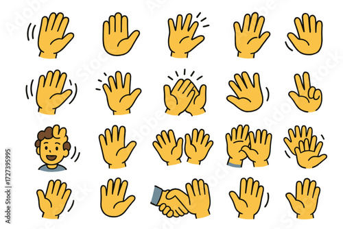 Isometric Wave Icons. Wave gestures set icons in modern isometric flat : waving hand, open palm, side wave, small wave, big wave, animated lines