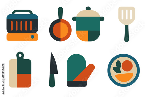 Colorful Kitchen Icons. Kitchen appliance set set of icons in abstract flat : electric grill, frying pan, pot, spatula, cutting board, knife, oven