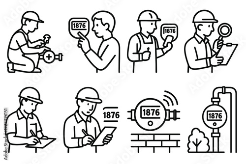 Meter Monitoring Activities. Situations icons in outline style: plumber installing meter, homeowner checking meter, technician reading meter,