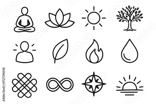 Wellness Icon Set. Wellness safe space icons in outline style: yoga pose, lotus flower, radiant sun, tree of life, glowing aura, wellness leaf, flame