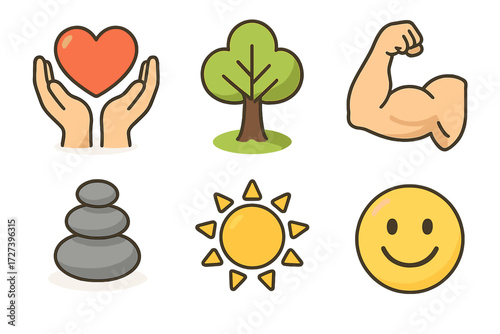 Emotional Strength Icons. Emotional strength set icons in modern isometric flat : heart in hands, tree, strong arm, glowing sun, balanced stones,