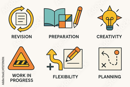 Creativity Icons. Concepts set of icons in abstract flat : revision, preparation, iteration, creativity, work in progress, editing, flexibility,