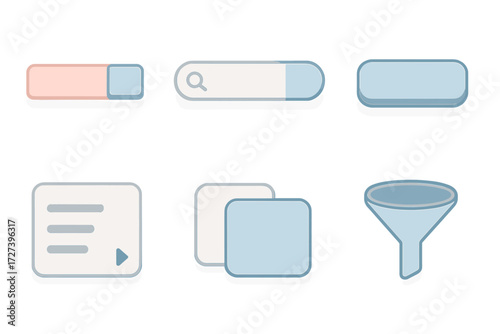 Modern UI Icon Set. UI design set icons in modern isometric flat : highlight bar, search bar, button, dropdown, tab, filter funnel