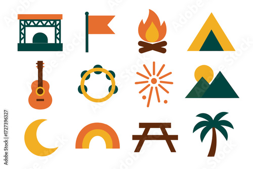 Festival Icons Set. Festival music drop set of icons in abstract flat : outdoor stage, flag, bonfire, tent, guitar, tambourine, firework burst,