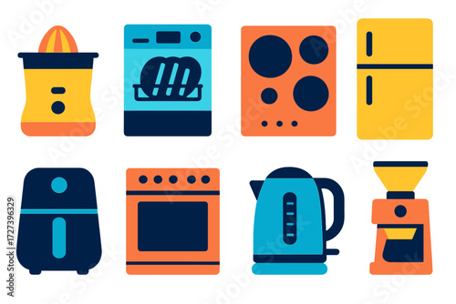 Minimalist Kitchen Icons. Modern kitchen in modern flat vector : juicer, dishwasher, induction stove, oven, kettle, fridge, air fryer, coffee grinder.