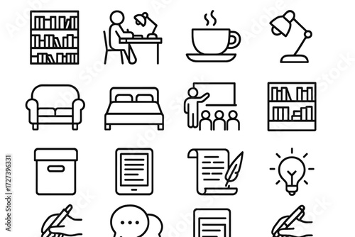 Iconic Reading Symbols. Reading context icons in outline style: library, study desk, coffee cup, lamp, sofa, bed, classroom, bookshelf, archive box,