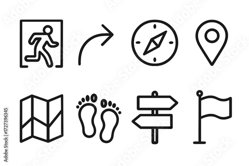 Direction Icon Set. Direction markers icons in outline style: evacuation sign, arrow path, compass, location pin, map, footprints, road sign, flag