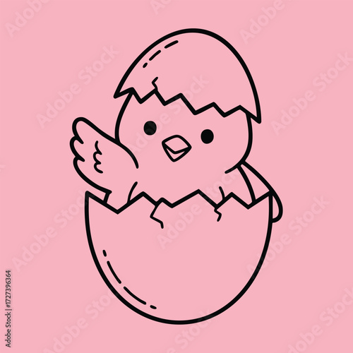 A cute chick emerging from its eggshell against a vibrant pink , symbolizing new beginnings and joy.